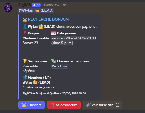 Embed Discord du bot SigilOS — annonce de recherche de donjon avec boutons d'inscription