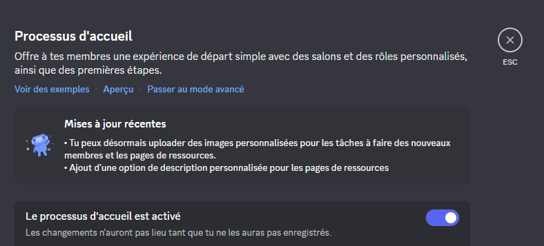Processus d'accueil Discord — configuration des salons et rôles de départ