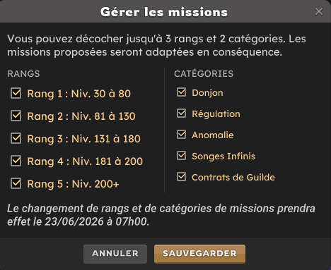 Interface de sélection des missions
