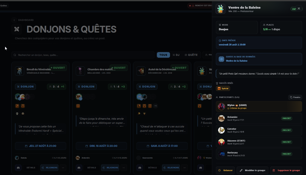 Dashboard SigilOS — Donjons & Quêtes avec système d'inscription en temps réel
